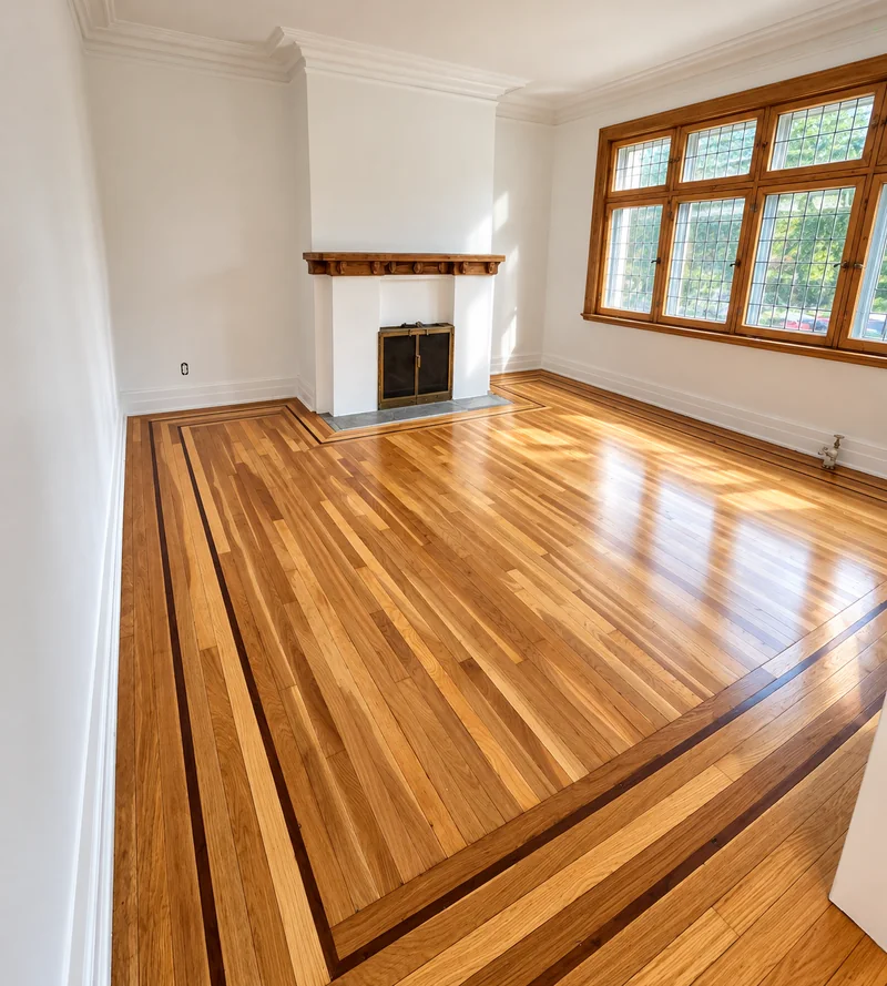 Plancher de bois avec bordure décorative devant un foyer