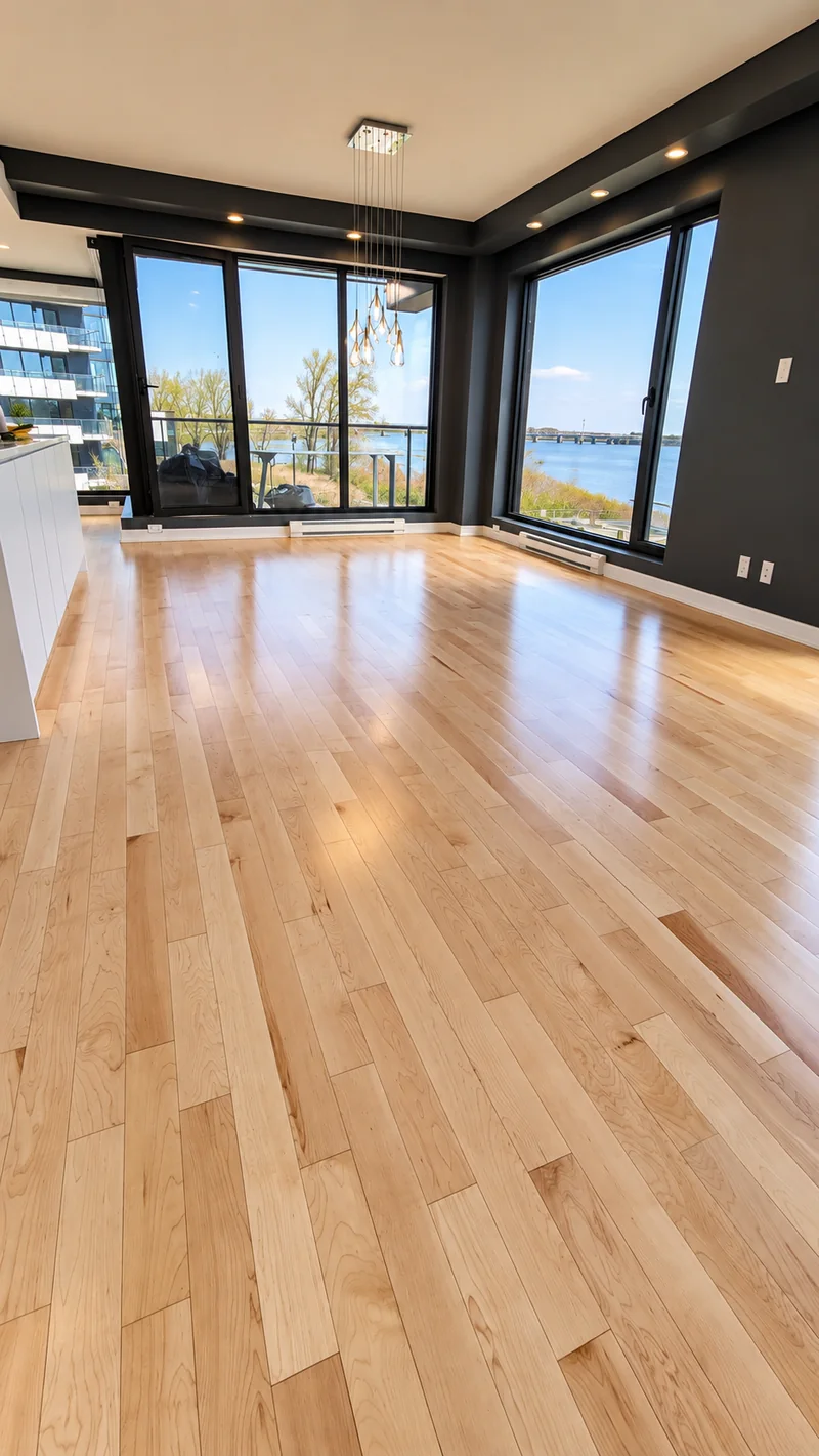 Plancher de bois clair dans une pièce aux grandes fenêtres