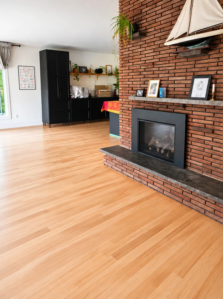 Plancher de bois dans une pièce avec un foyer en briques