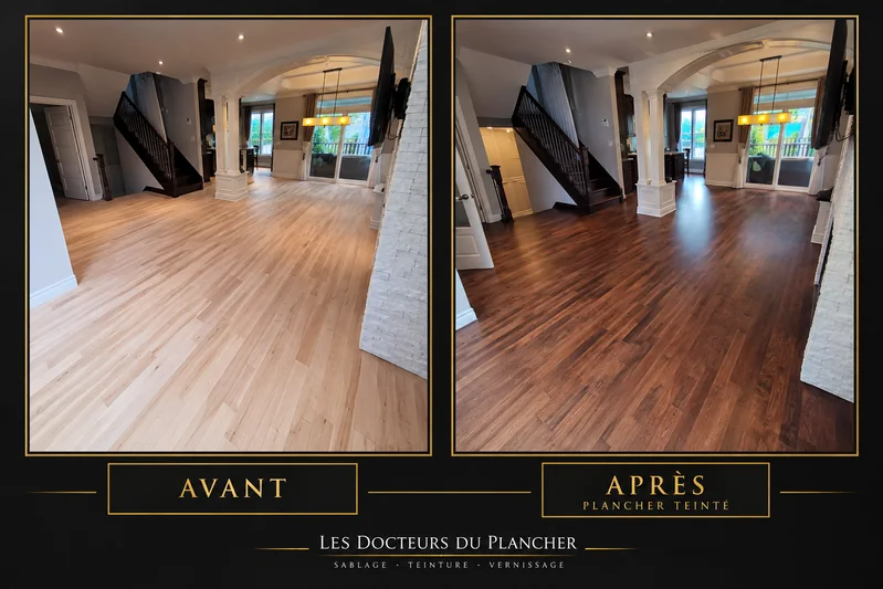 Plancher d’érable à Candiac : bois après sablage à gauche, puis teinté et verni à droite.