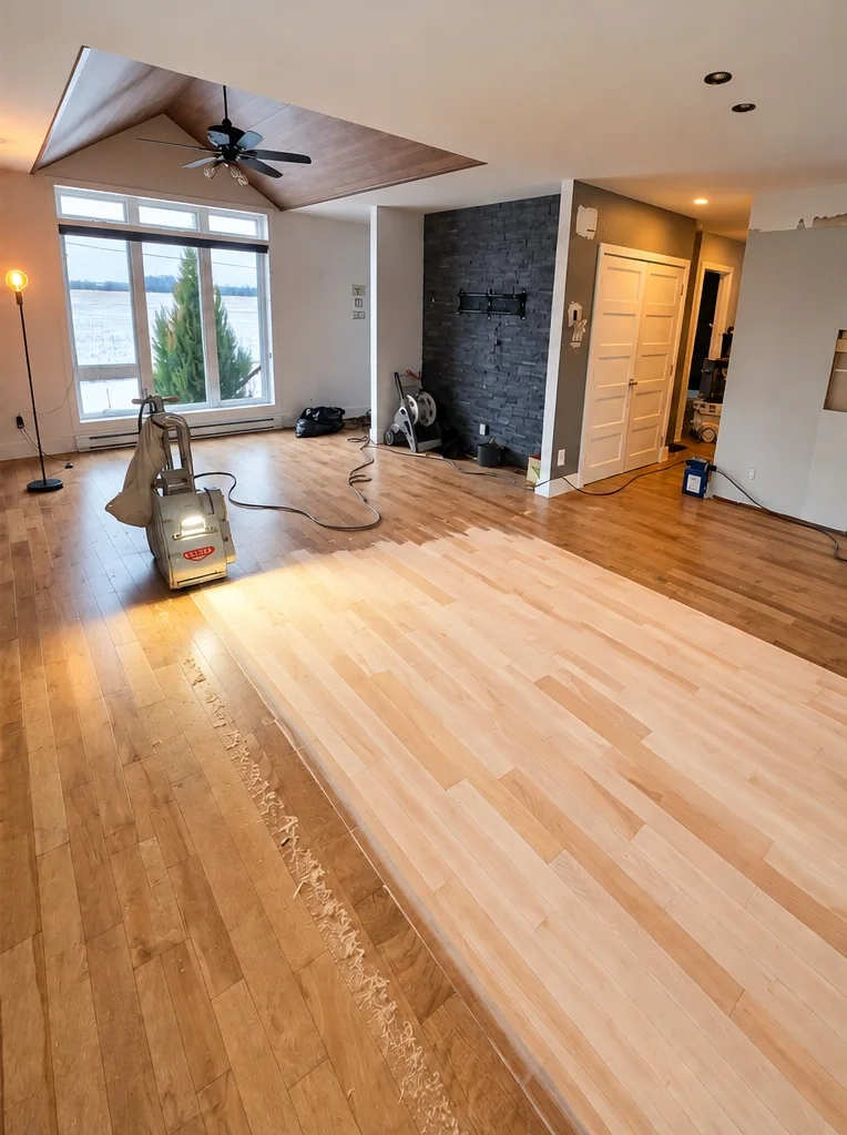 Sablage en cours d’un plancher de bois avec une ponceuse à tambour